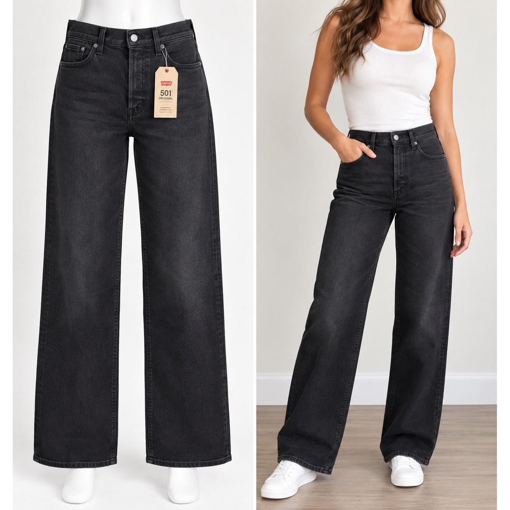 Levi 318 Shaping Wide Leg Jeans Womens 29 Black Denim High Rise Goth Minimalist